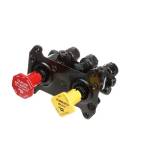 A black valve with two valves and one red knob.