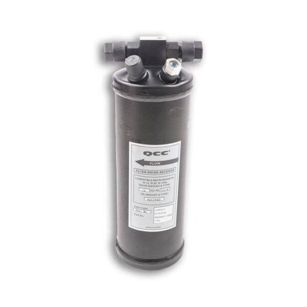A black cylinder with two valves on top of it.