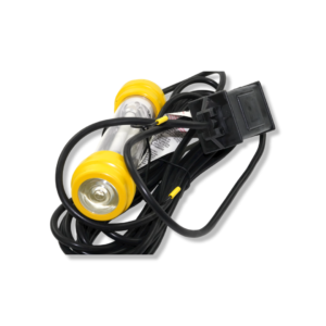 A yellow and black light with wires around it.
