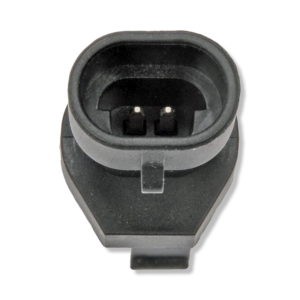 A black plastic connector with two wires attached to it.