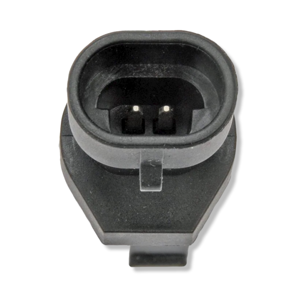 A black plastic connector with two wires attached to it.