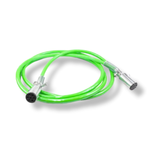 A green cable with a silver connector on top.