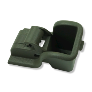 A green plastic container with a handle on top.