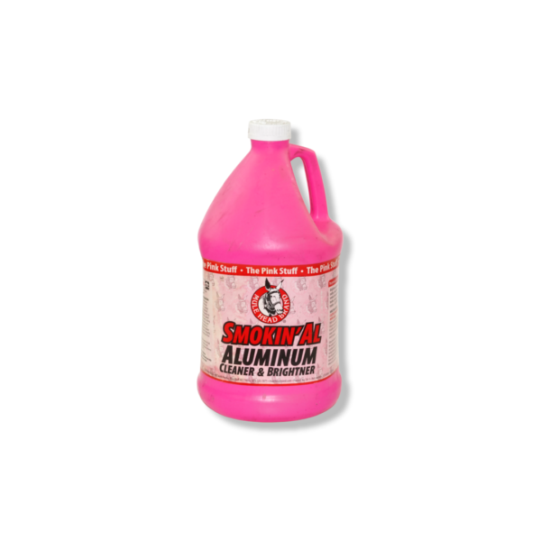 A pink gallon of aluminum cleaner and degreaser.