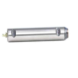 A silver cylinder with a yellow handle.