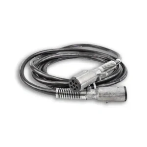 A black and silver cable with an electric plug.