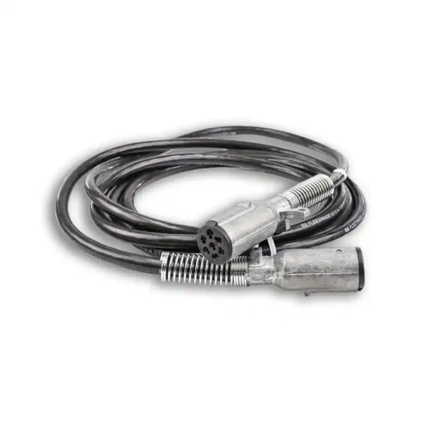 A black and silver cable with an electric plug.