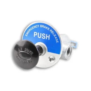 A blue and white emergency brake release with the button on it.