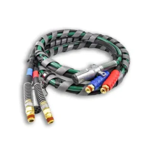 A pair of colored cables are connected to each other.