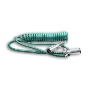 A green coiled extension cord with a car charger attached.