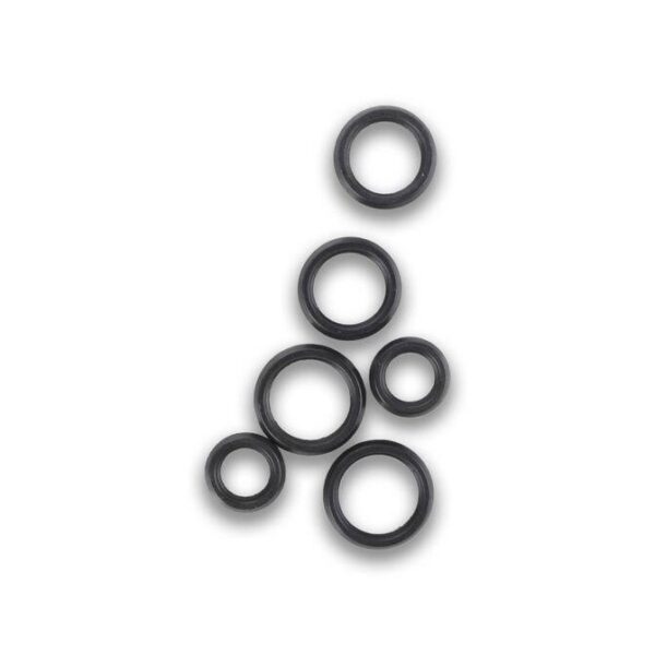 A group of six black rubber rings on top of each other.