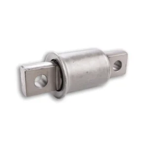 A stainless steel connector with two holes for mounting.