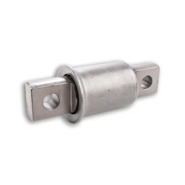 A stainless steel connector with two holes for mounting.