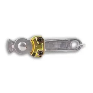 A yellow and silver key is on top of a white background
