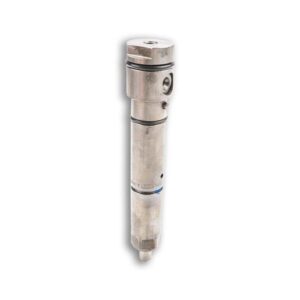 A silver metal tube with a blue and white stripe.