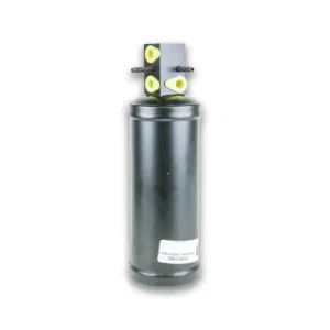 A black cylinder with yellow and white markings.