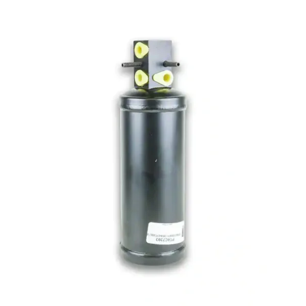 A black cylinder with yellow and white markings.