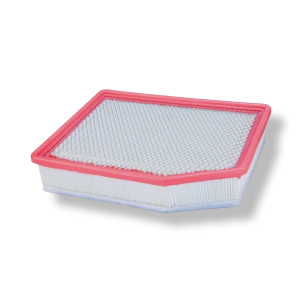 A red and white air filter sitting on top of a table.