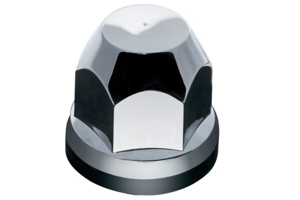 A chrome and black plastic cap on top of a metal object.
