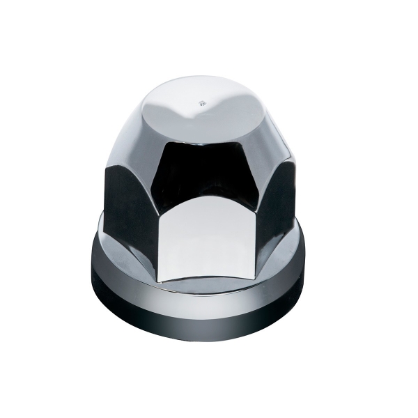 A chrome and black plastic cap on top of a metal object.