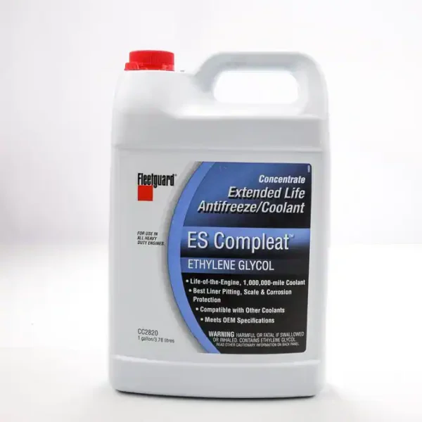 A white container of antifreeze coolant sitting on top of a table.