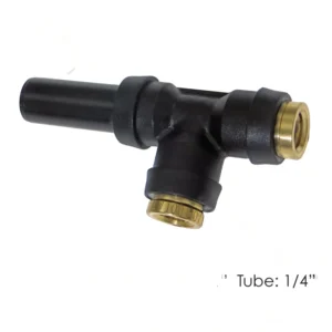 A black tube with two brass connectors attached to it.
