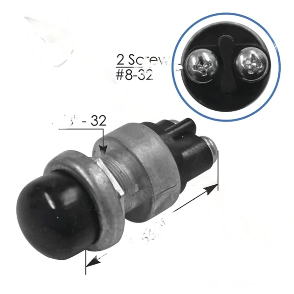 A black and silver button with two screws.