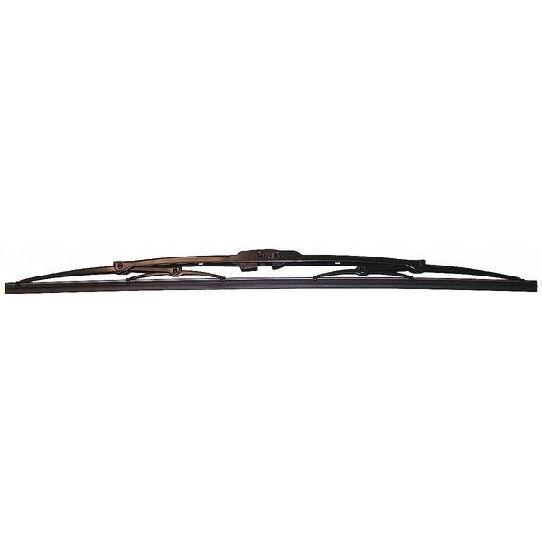 A windshield wiper blade on top of the windshield.